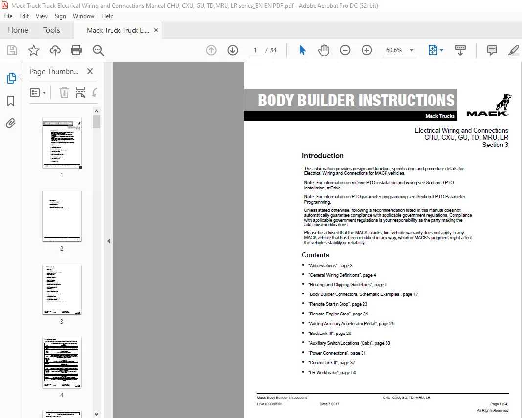 Mack Truck Electrical Wiring Connections Chu Cxu Gu Td Mru Lr Body Builder Instruction Manual