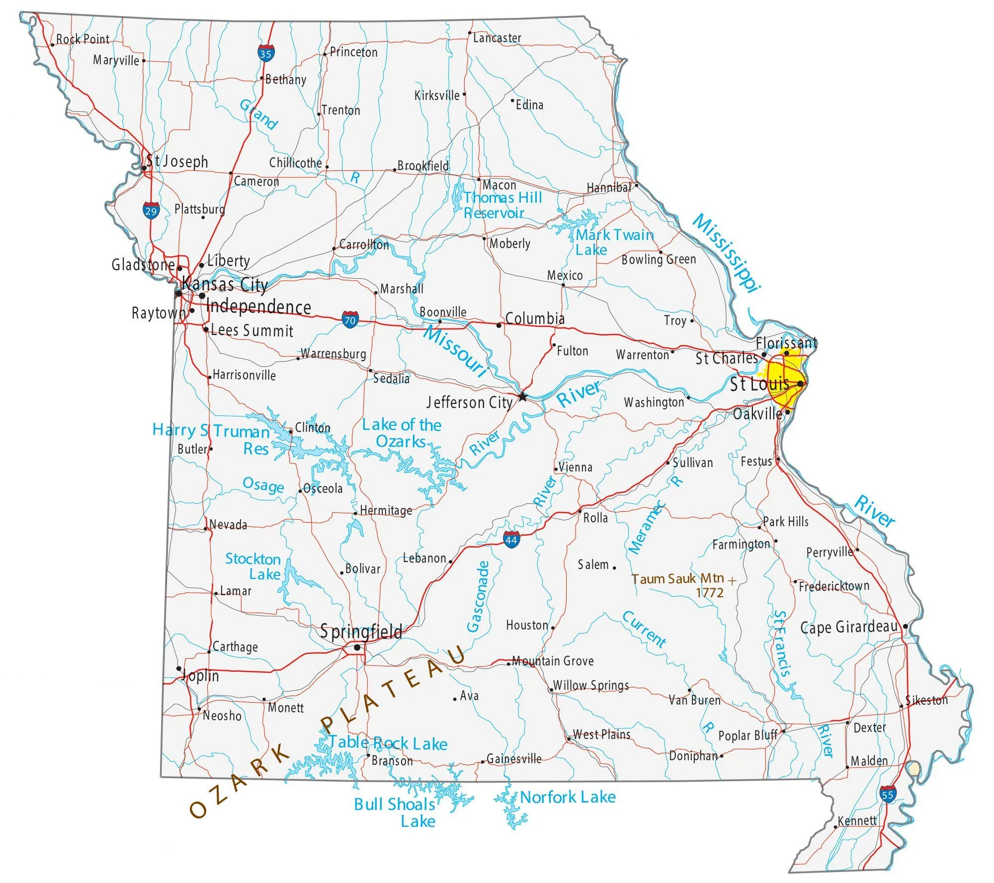 Missouri State Map Places And Landmarks Gis Geography