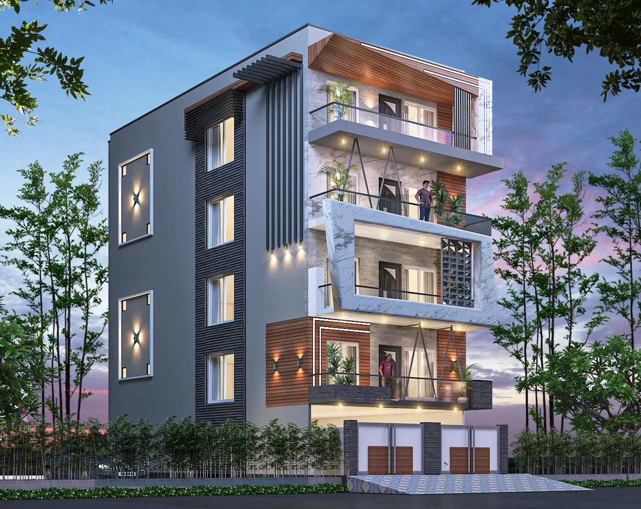 Modern Elevation Design Stilt 4 Floor Residential Building 7Dplans