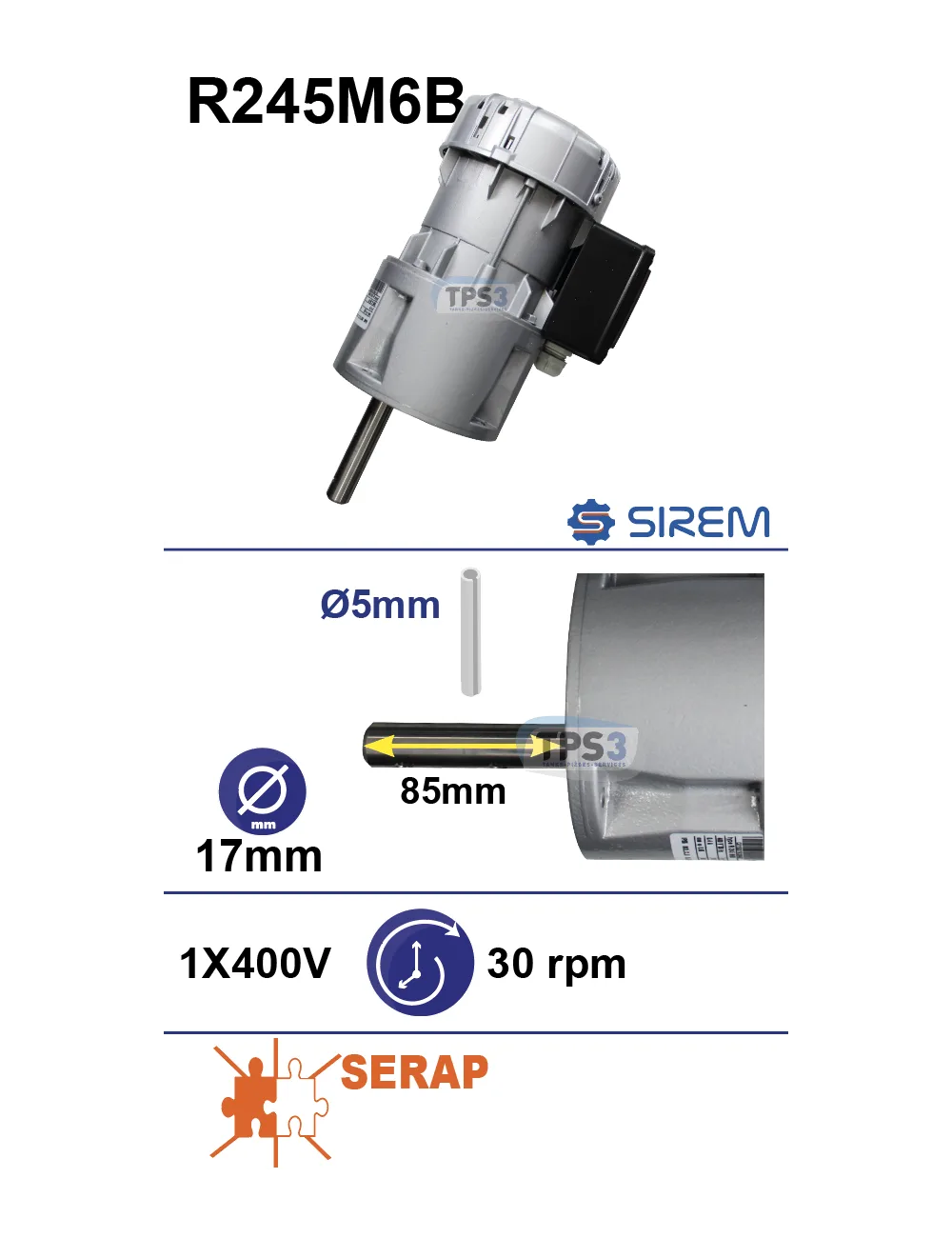 Motoréducteur Sirem R245M6B 30 Tr Min D 17 L 85