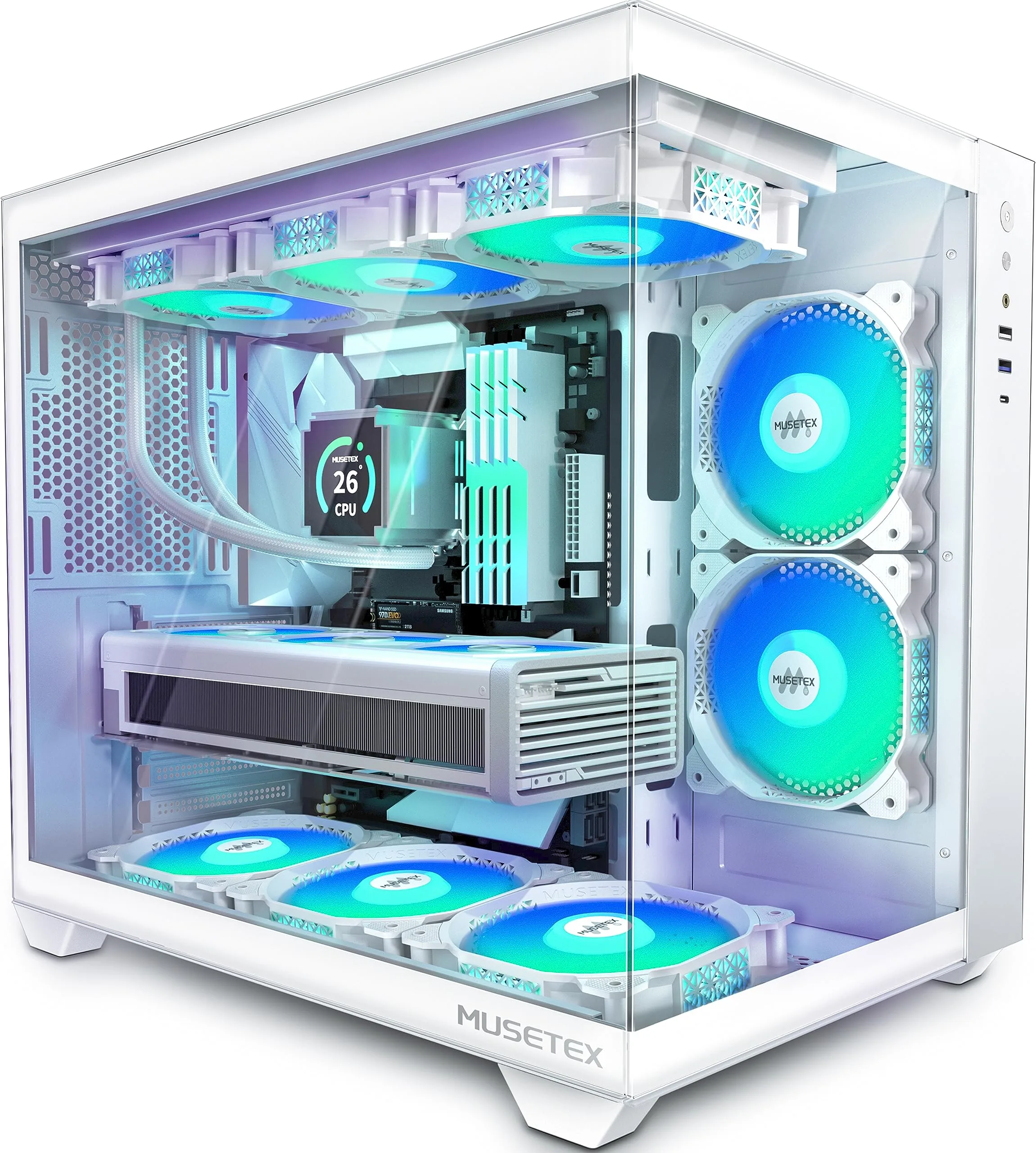 Musetex Atx Pc Case 5 Pwm Argb Fans Pre Installed 360Mm Rad Support Type C Gaming 270 Full View