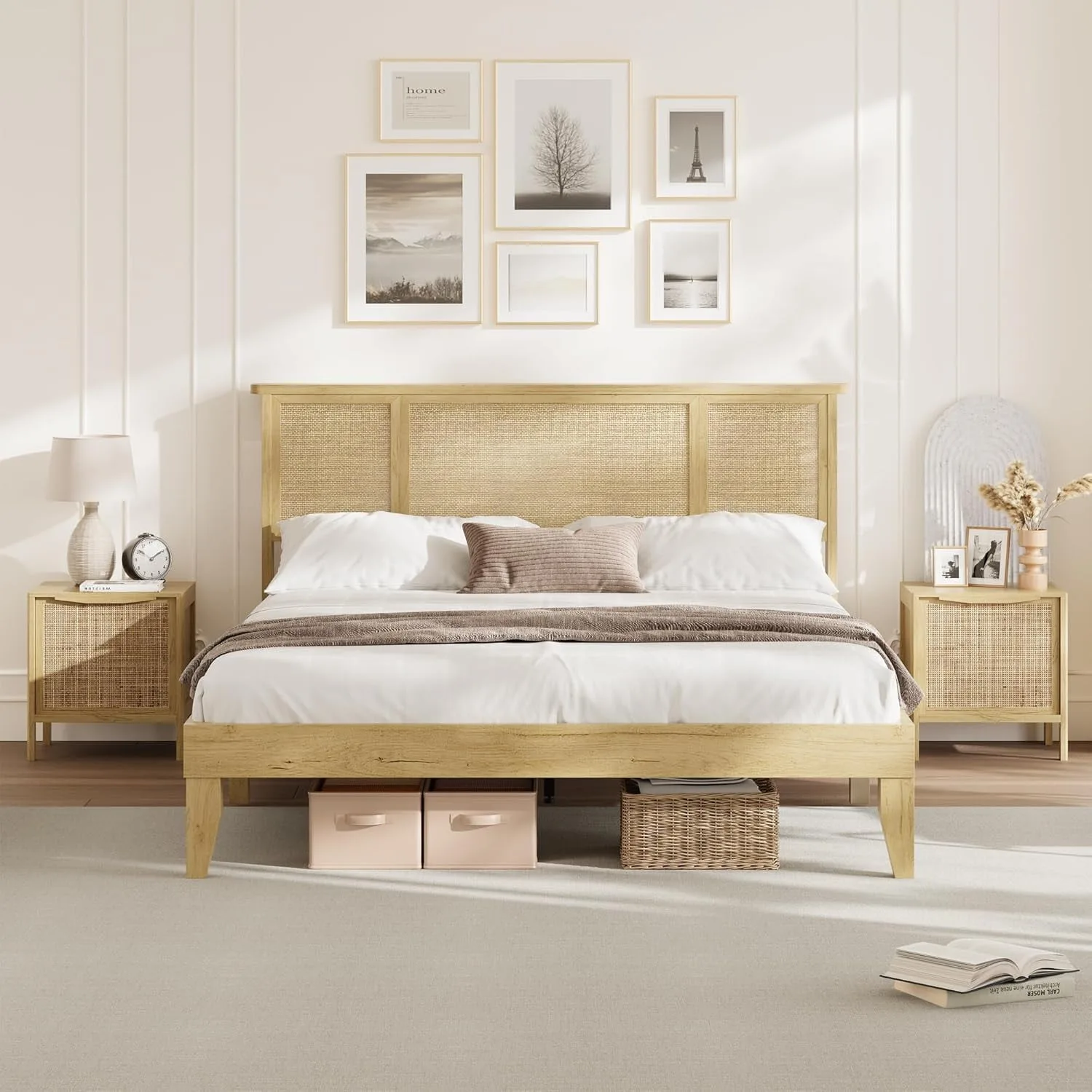 Natural Rattan Queen Bed Frame With Wooden Headboard Boho Cane Bed Metal Platform Bed With