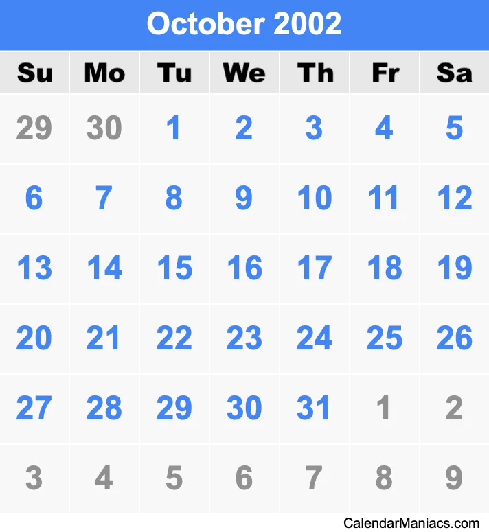 October 2002 Calendar