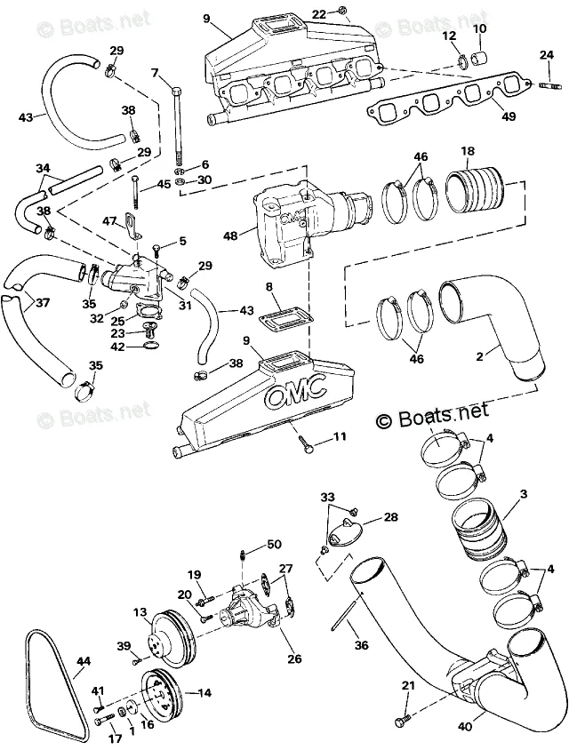 Omc Sterndrive 7 40L 454 Cid V8 Oem Parts Diagram For Exhaust And Cooling