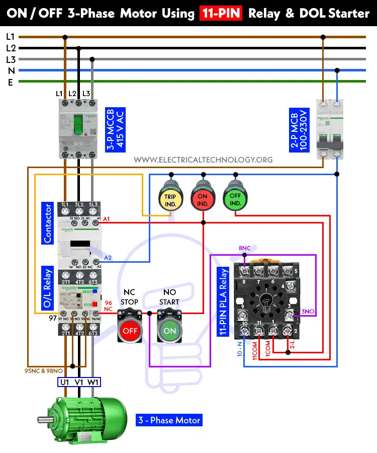 On Off 3 Phase Motor Using 11 Pin Relay And Dol Starter