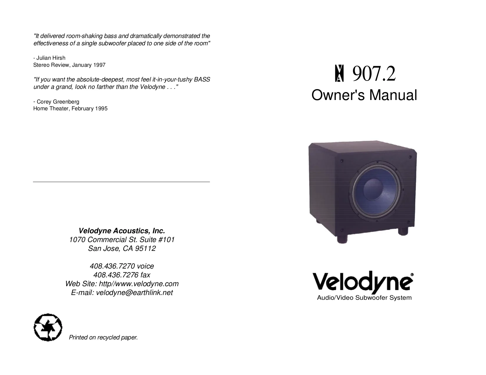 Pdf Manual For Velodyne Subwoofer Va 907