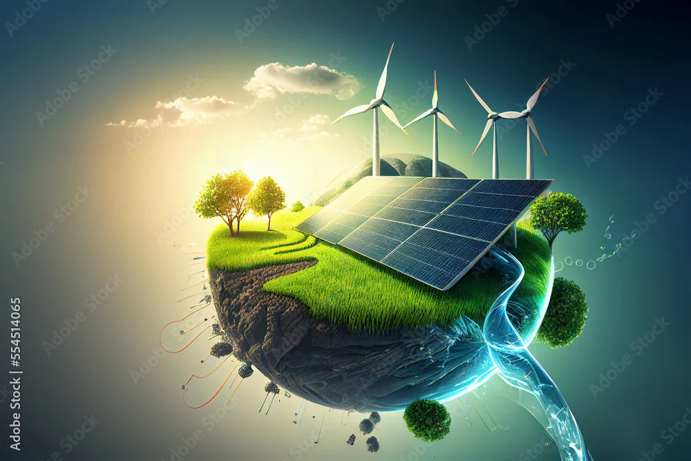 Poster Renewable Energy Background With Green Energy As Wind Turbines And Solar Panels Wall