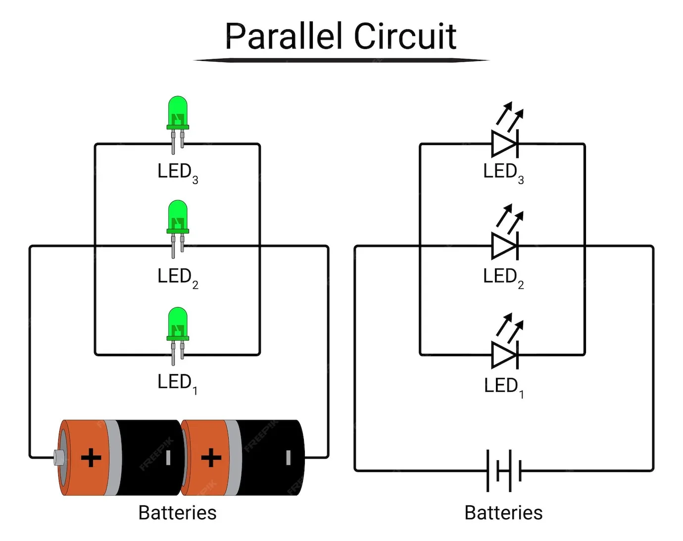 Premium Vector 3 Leds In Parallel Circuit Connected To Batteries With Symbol Simple Electric