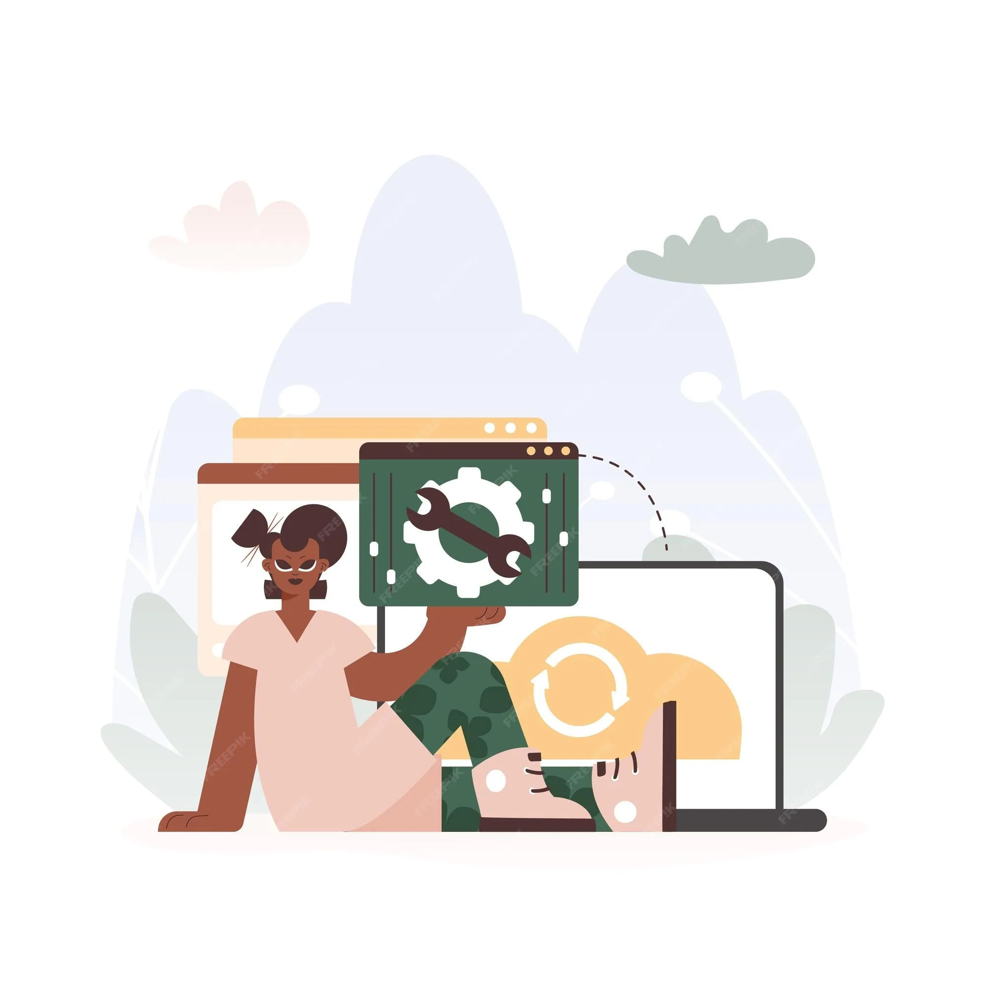 Premium Vector A Vector Diagram Of A Youthful Woman Holding A Browser Window With Gears And