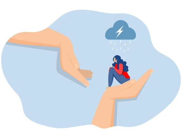 Premium Vector Psychological Support Concept Young Woman Character Sitting On Palm