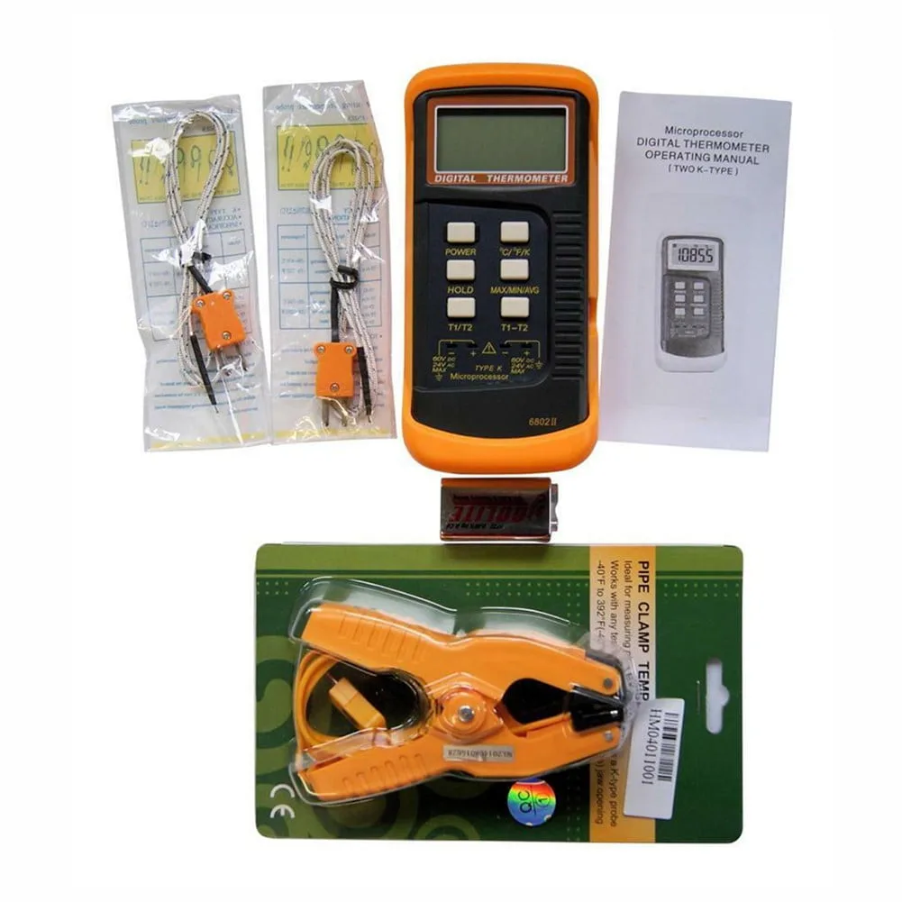 Ranmei Dual Channel K Type Digital Thermocouple Thermometer 6802 Ii Pipe Clamp Hvac