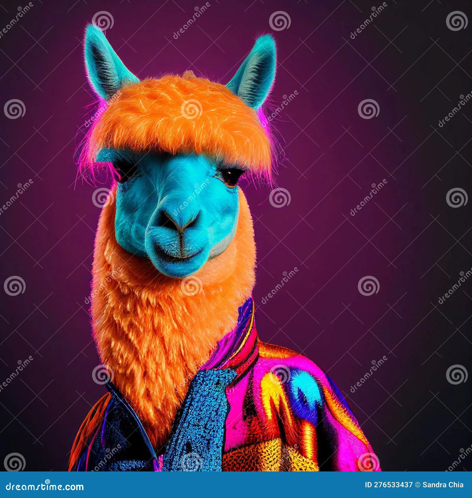 Realistic Lifelike Alpaca In Fluorescent Electric Highlighters Ultra Bright Neon Outfits 80S