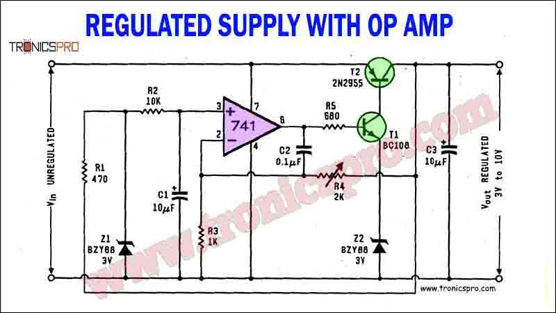 Regulated Power Supply Circuit Using Op Amp 741 Tronicspro 59 Off