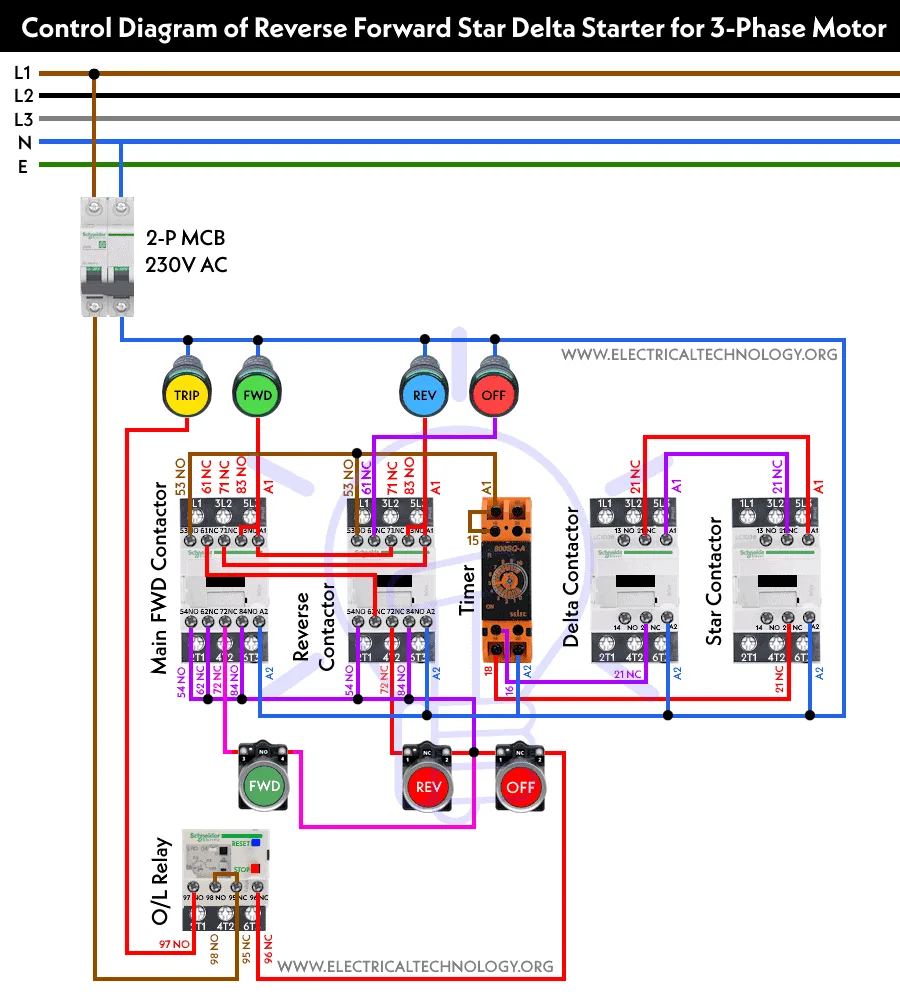 Reverse Forward Star Delta Starter For 3 Φ Motor Using Timer