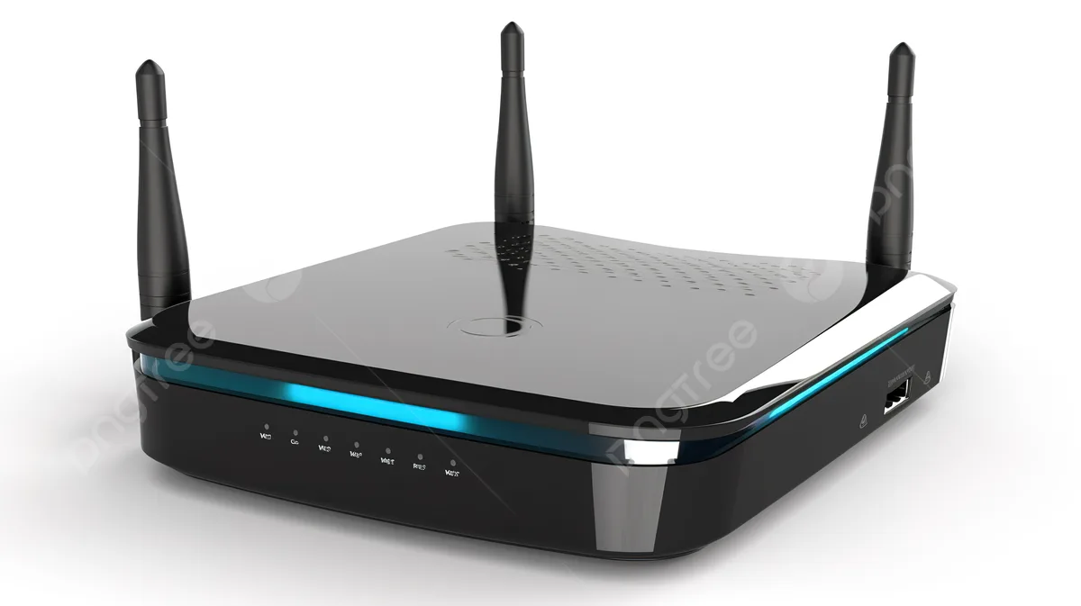 Router Nirkabel Dengan Router Kabel Biru Router Wifi Modern 3D Dengan Tanda Wifi Di Latar