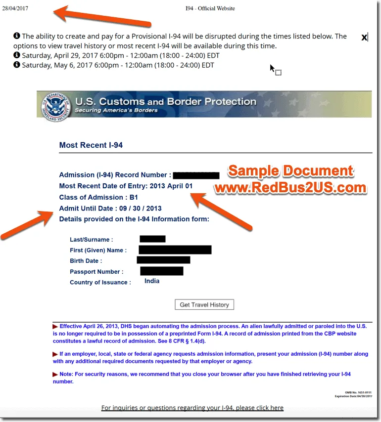 Sample I 94 Form Usa Arrival Departure Record