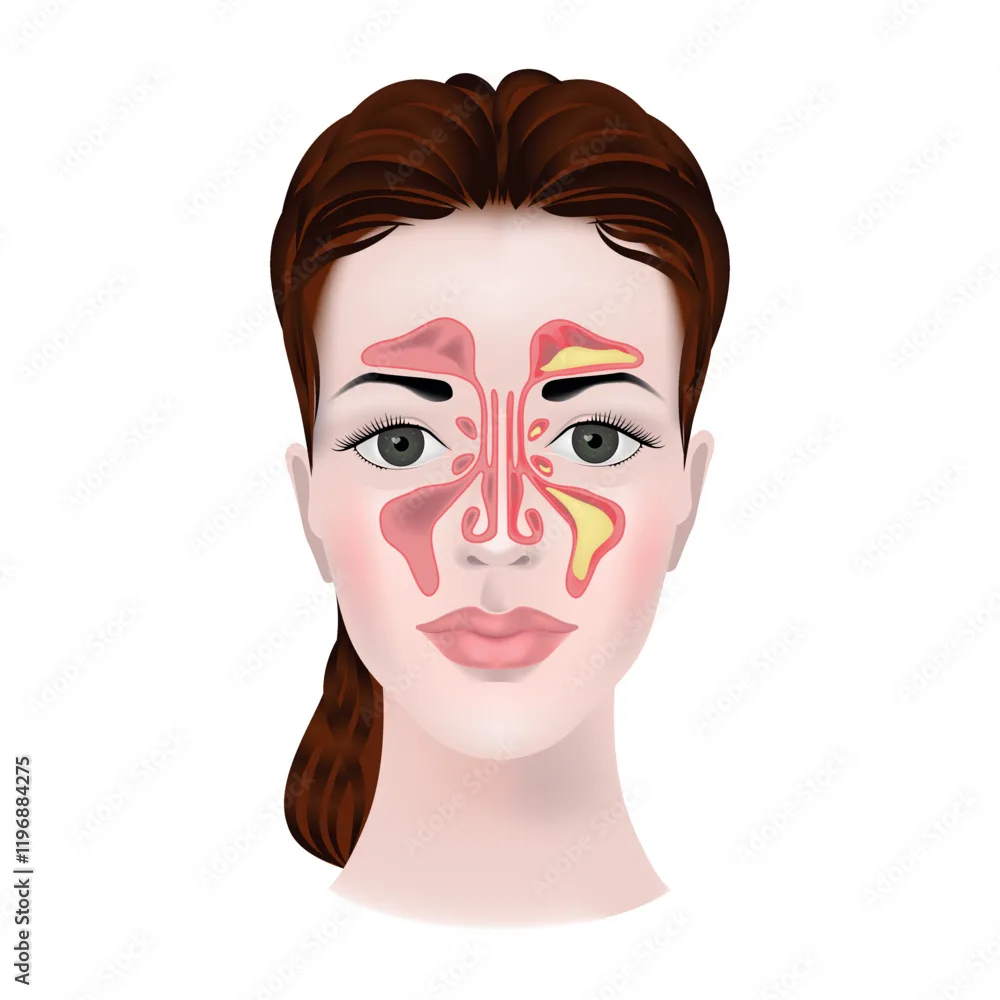 Sinusitis Image Of The Maxillary Sinuses On A Woman S Face With A Medical Diagram Vector