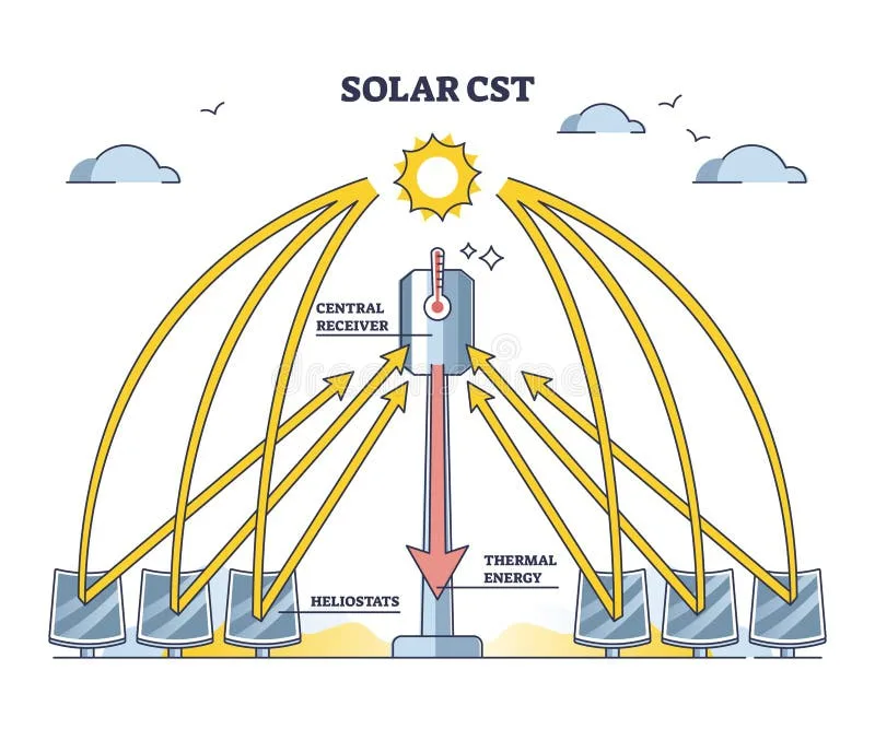 Solar Cst As Concentrated Thermal Energy Production System Outline Diagram Stock Vector