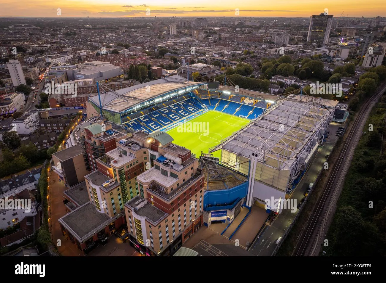 Stamford Bridge Stadium The Home Of Chelsea Football Club In London Illuminated At Night Aerial