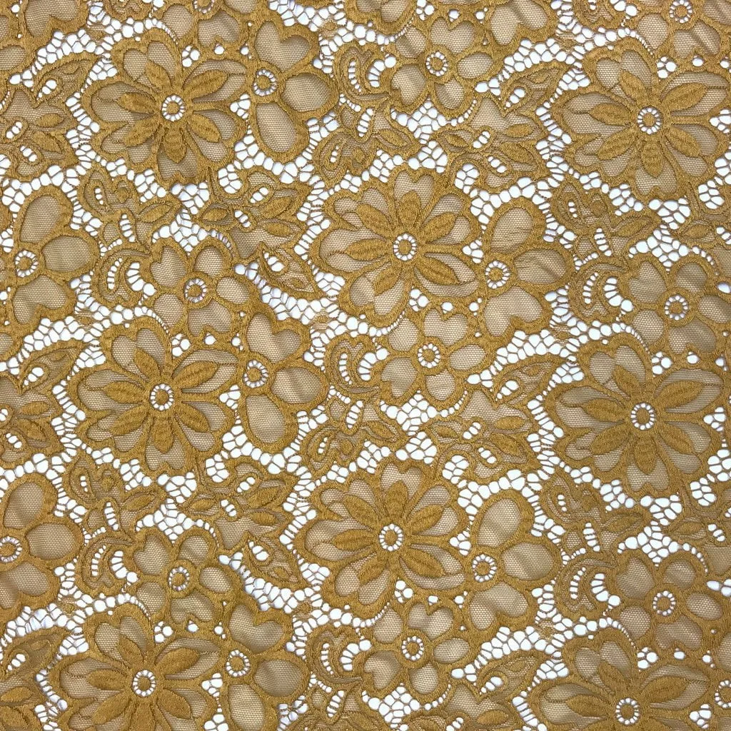 Stretch French Lace Embroidered Floral Florence 58 Wide Fabric Gold