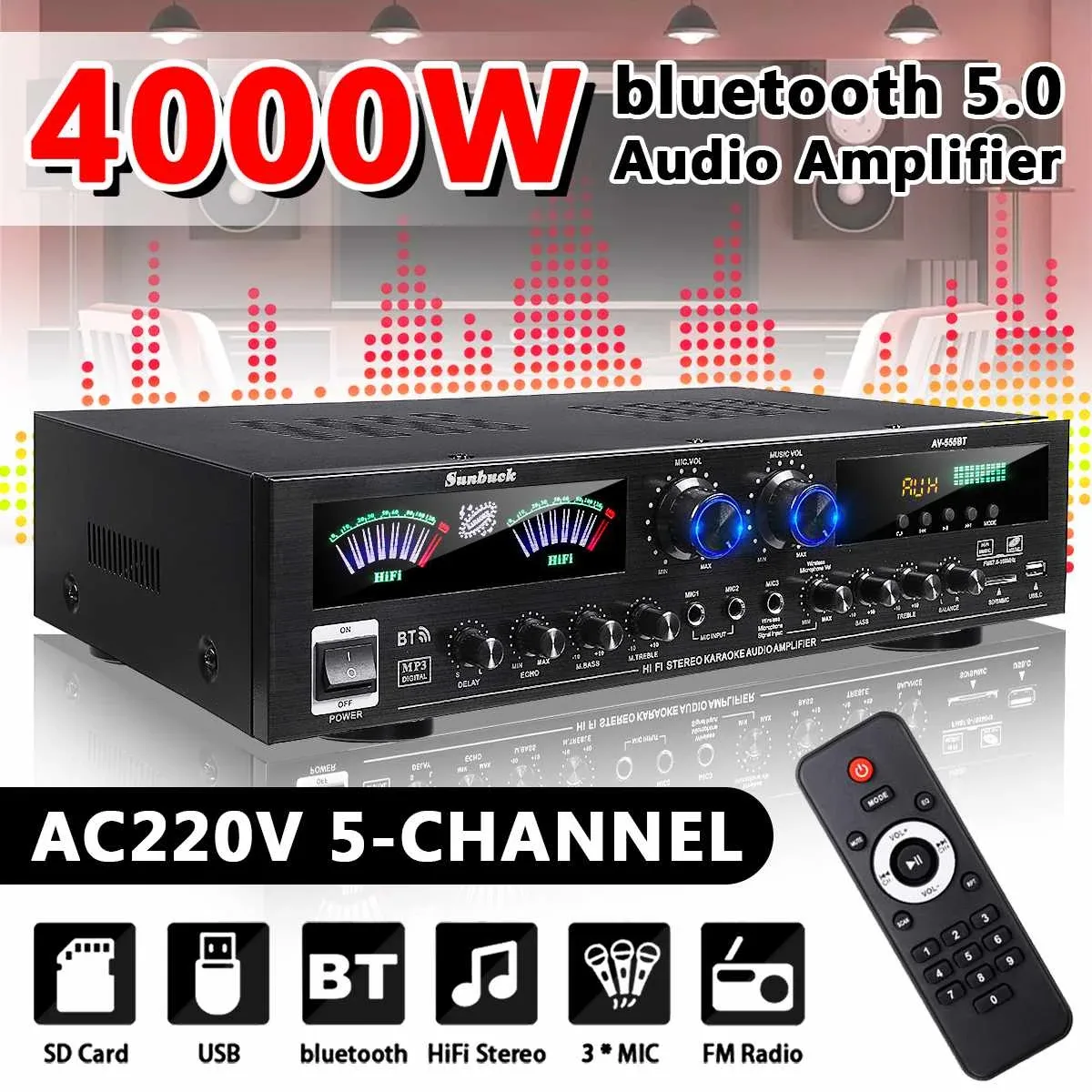 Sunbuck 4000W 5Ch Lcd Display Home Theater Amplifier 12V Bluetooth Home Power Amplifier Audio