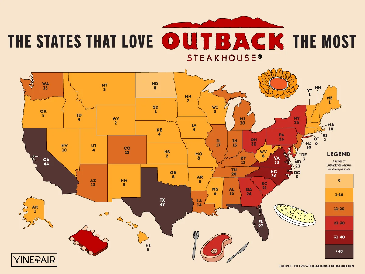The Number Of Outback Steakhouses In Every State Map Vinepair