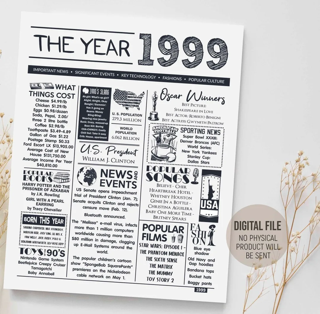 The Year 1999 In Review Birthday Party Decoration Back In 1999 Poster Gift Idea 1999 Fun
