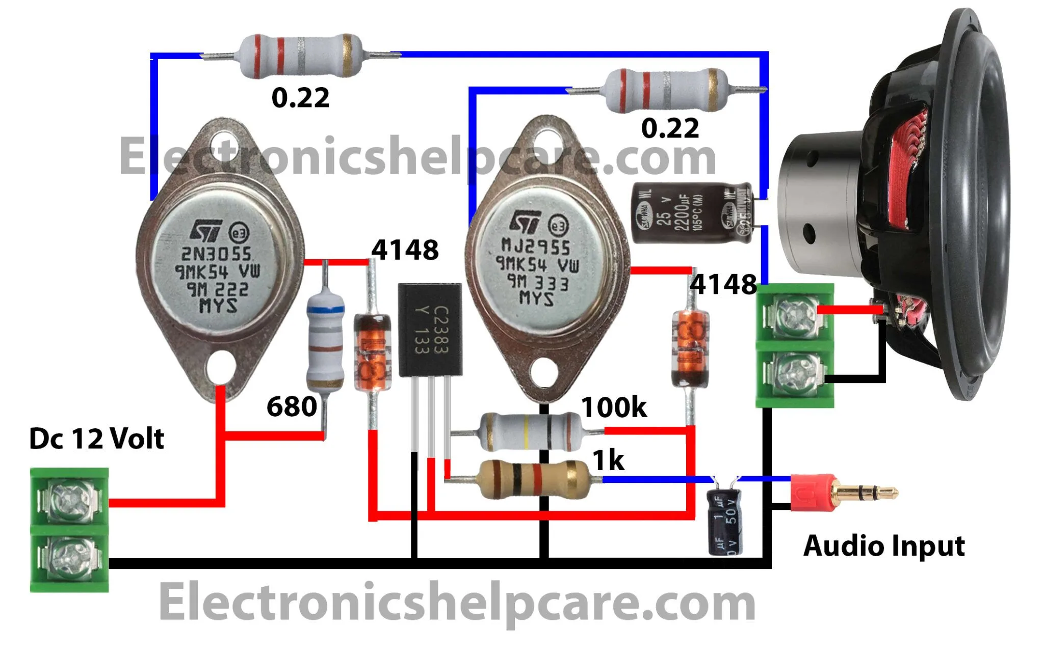This Is A Simple Amplifier Circuit Diagram Here Used 2 Transistors 2N3055 Is An Npn Transistor