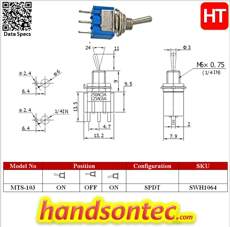 Toggle Switch Mts 103 On Off On Spdt 6A 125Vac Handson Tech