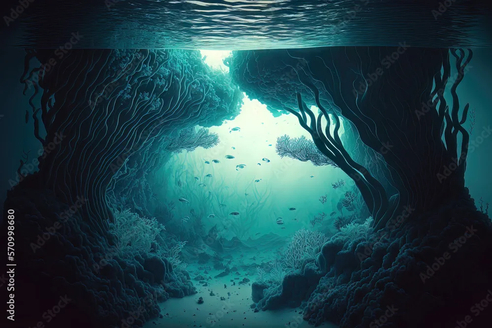 Underwater Deep Sea Gorge Underwater Deep Ocean World Light On The Sea Depth Undersea World