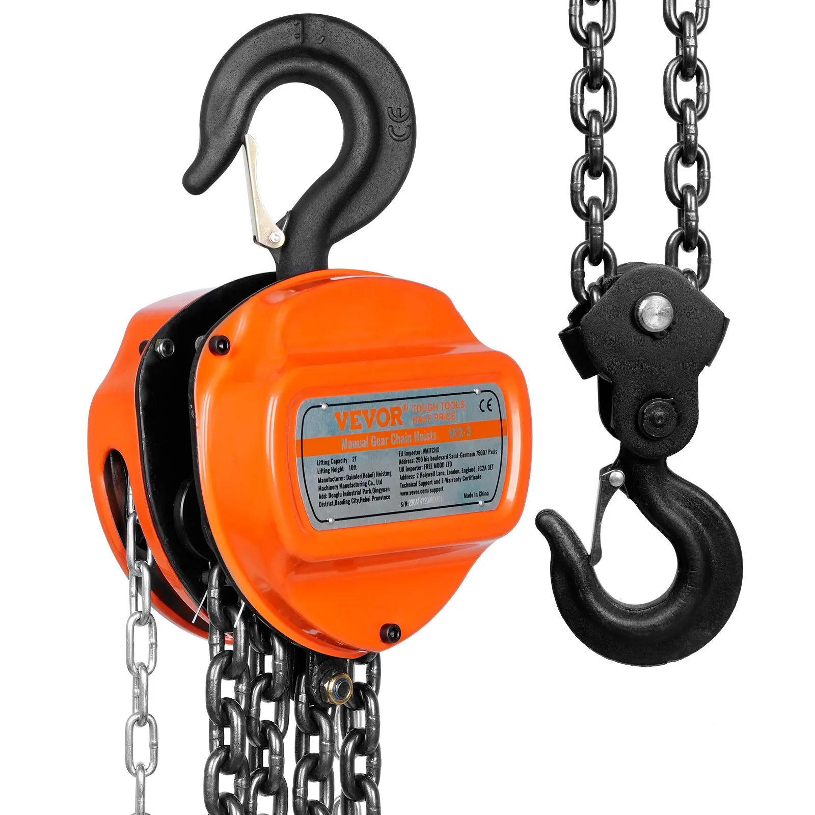 Vevor Vevor Manual Chain Hoist 2 Ton 4400 Lbs Capacity 10 Ft Come Along G80 Galvanized Carbon