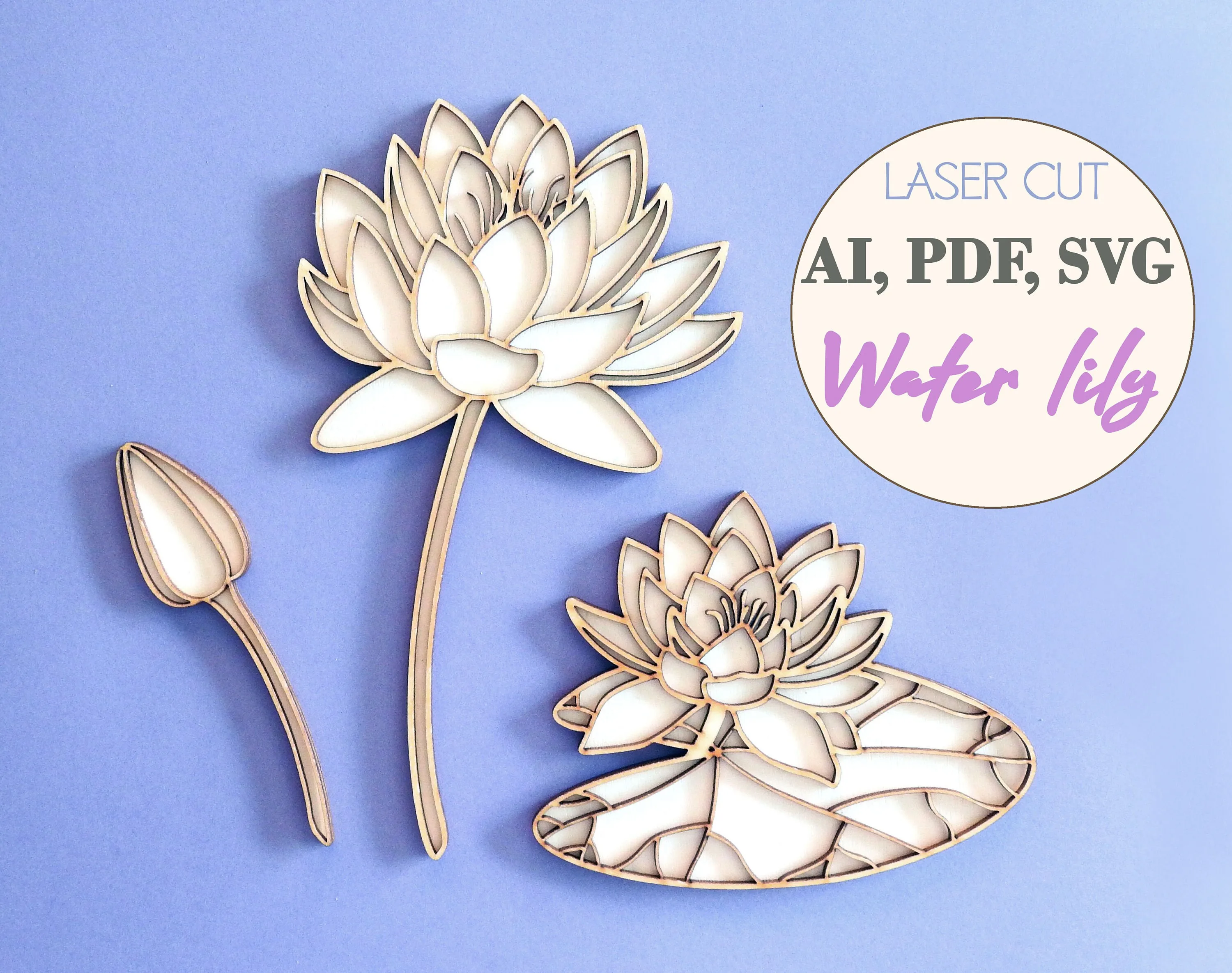 Water Lily Svg Laser Cut Flower Plant Stake Bundle Svg Botanical Svg Laser Cut File Floral Svg
