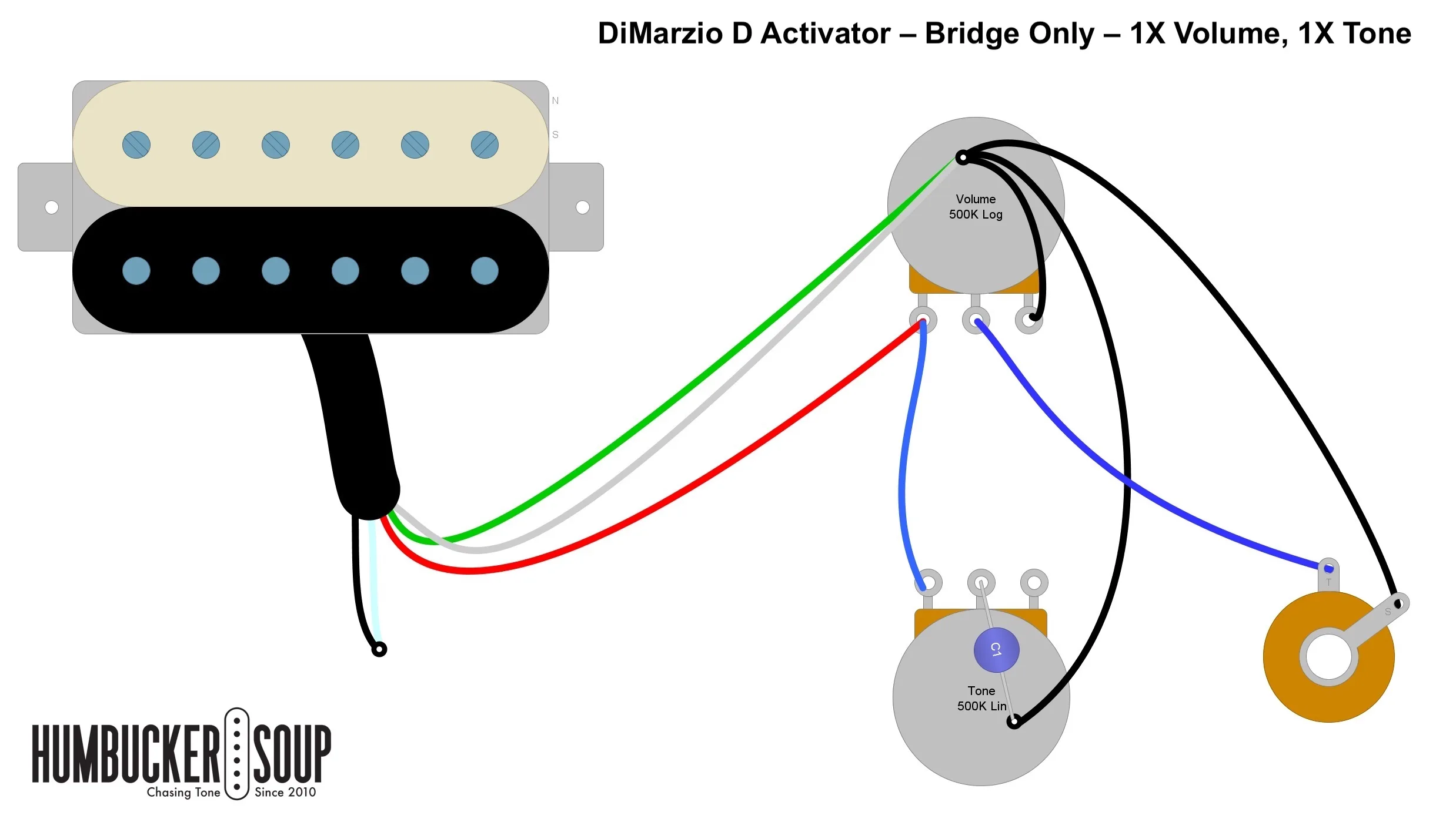 Wiring Diagram Dimarzio D Activator Bridge Only 1X Volume 1X Tone Humbucker Soup