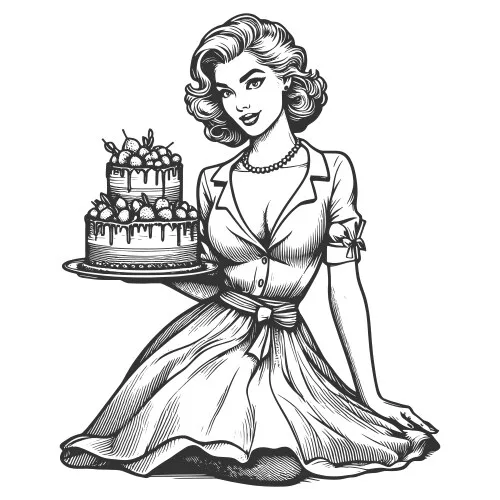 Woman Presenting A Layered Cake Engraving Vector Image